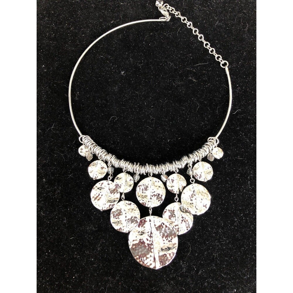 Unique Hammered Silvertone Dangle Pendant Statement Necklace